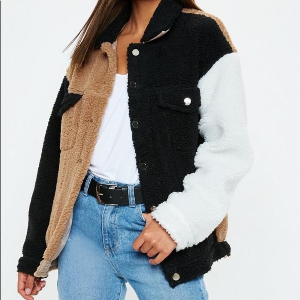 Misguided black colour block borg trucker jacket